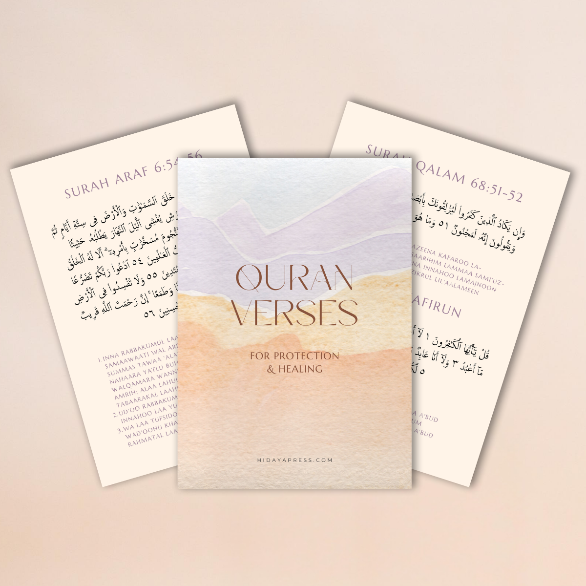 Digital guide titled 'Quran Verses for Protection & Healing' with text on a beige background