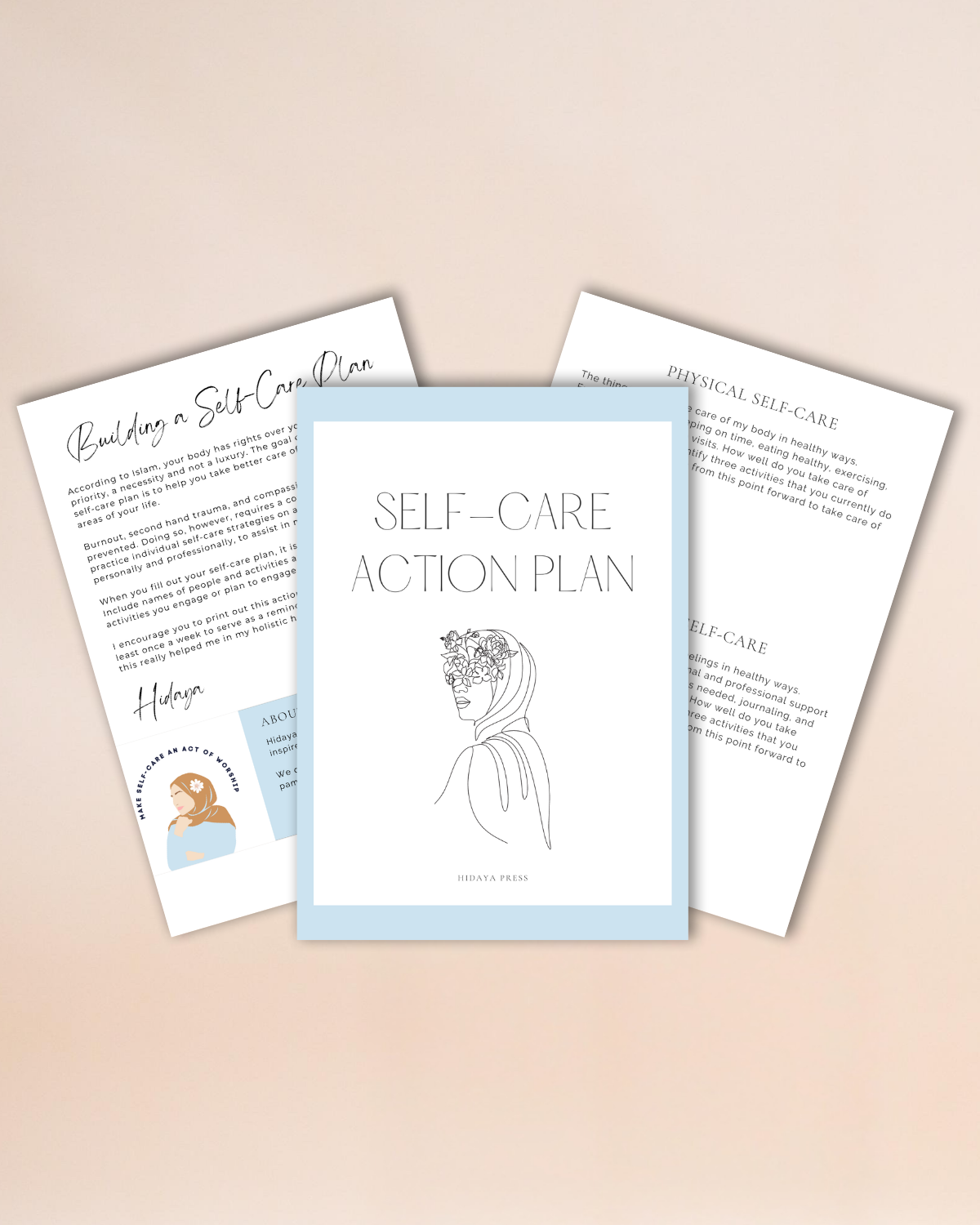 Three self-care action plan sheets on a beige background