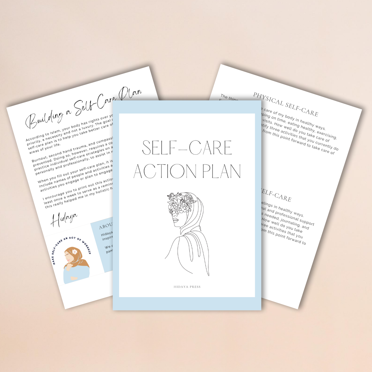 Three self-care action plan sheets on a beige background