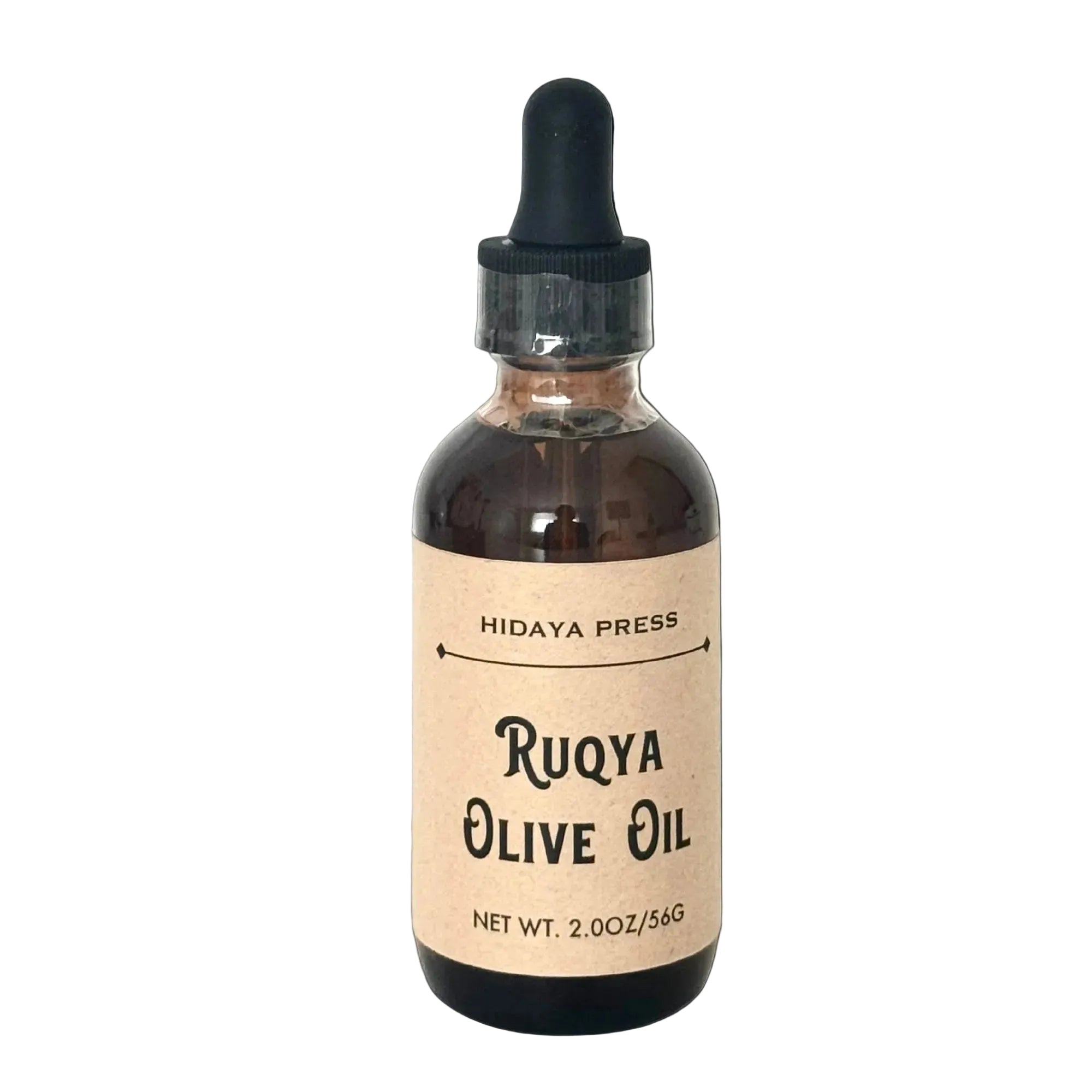 Bottle of Ruqya Olive Oil with a dropper labeled 'Hidaya Press' on a white background