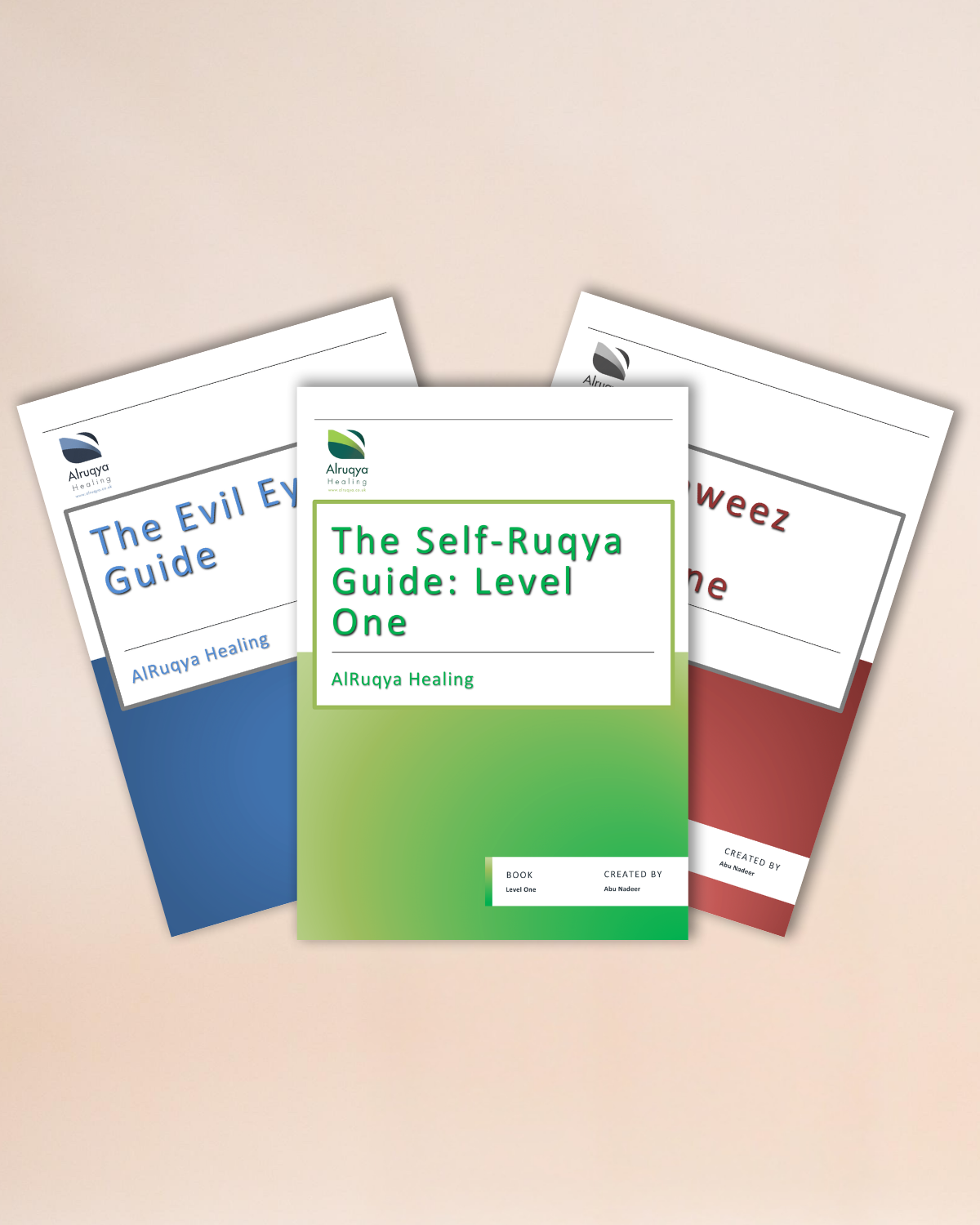 Three digital guides titled 'The Evil Eye Guide', 'The Self-Ruqya Guide: Level One', and 'Taweez Guide' on a beige background.