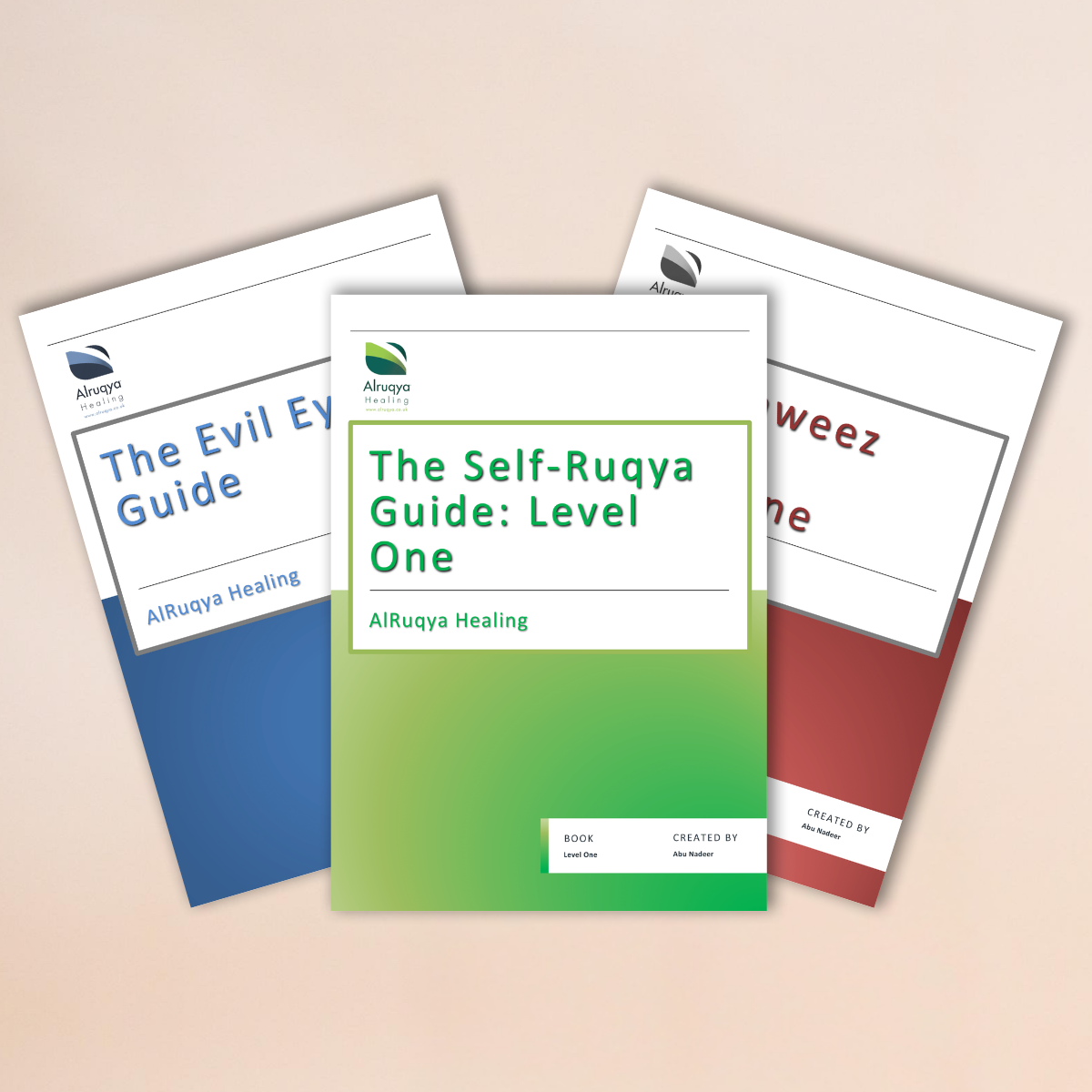 Three digital guides titled 'The Evil Eye Guide', 'The Self-Ruqya Guide: Level One', and 'Taweez Guide' on a beige background.