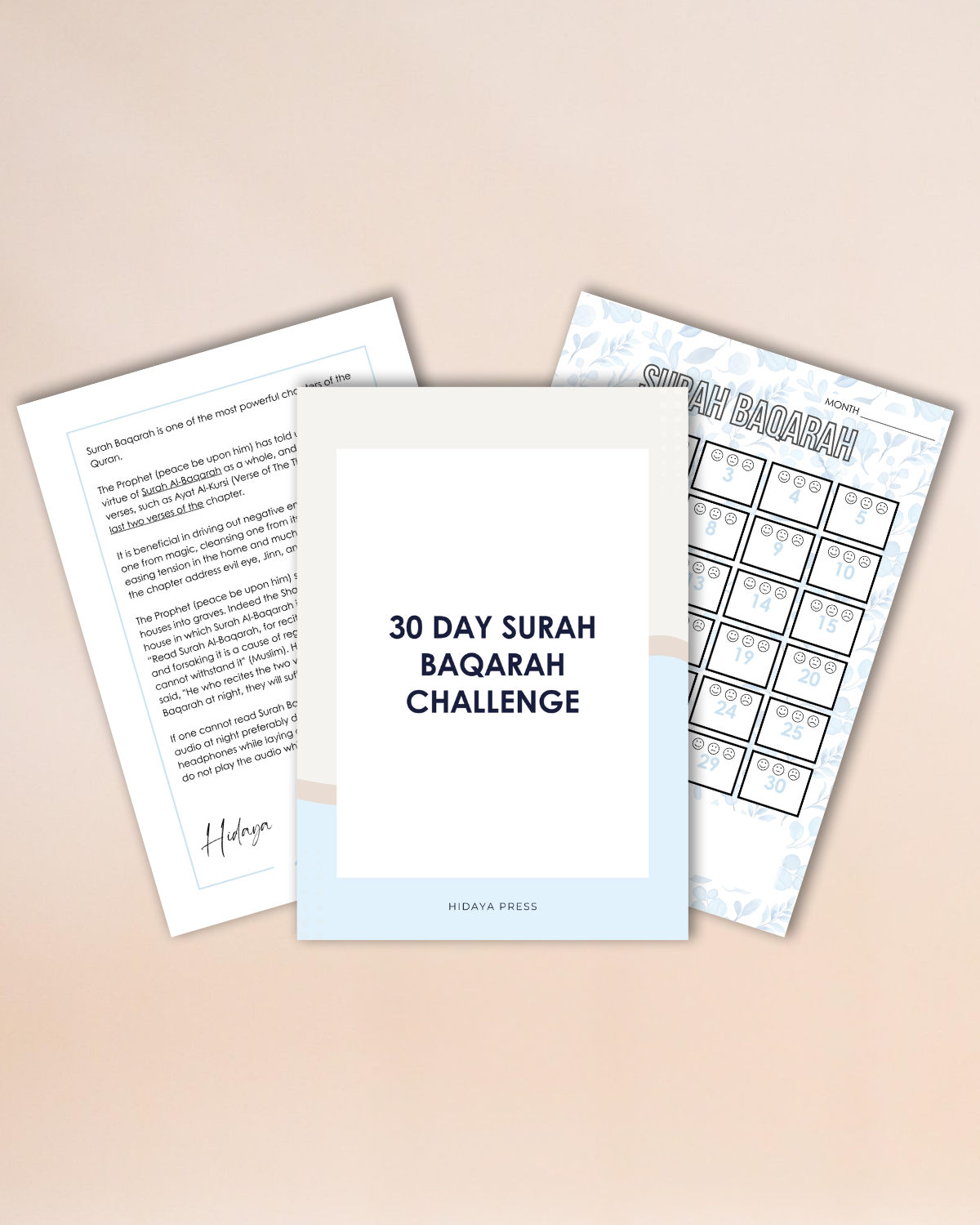 Three sheets of paper with text and a calendar on a beige background