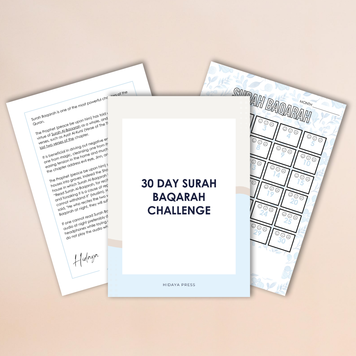 Three sheets of paper with text and a calendar on a beige background