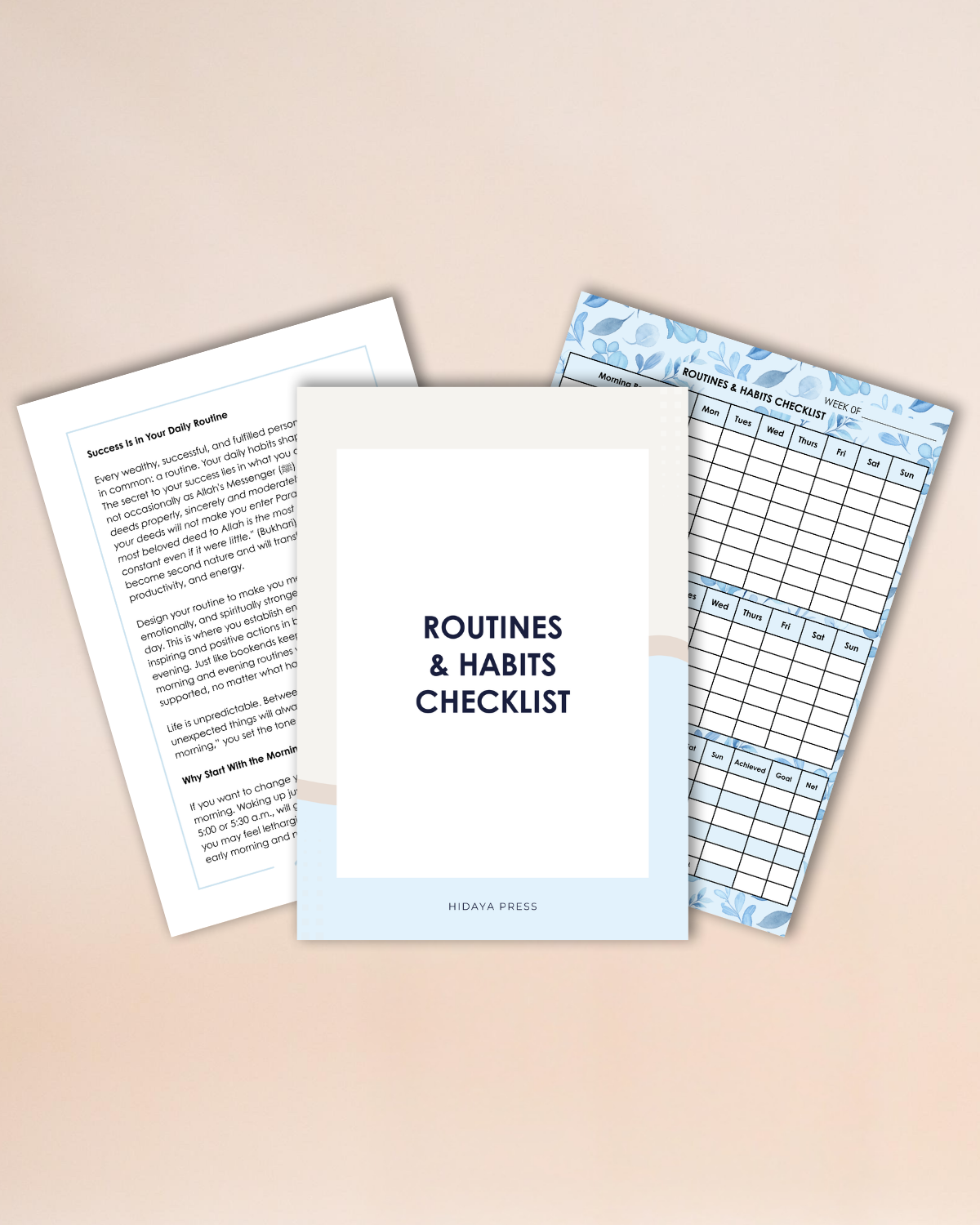 Three checklists on a beige background, including 'Routines & Habits Checklist'.