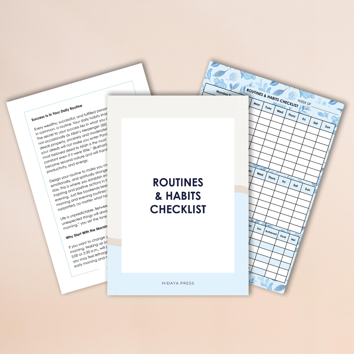 Three checklists on a beige background, including 'Routines & Habits Checklist'.