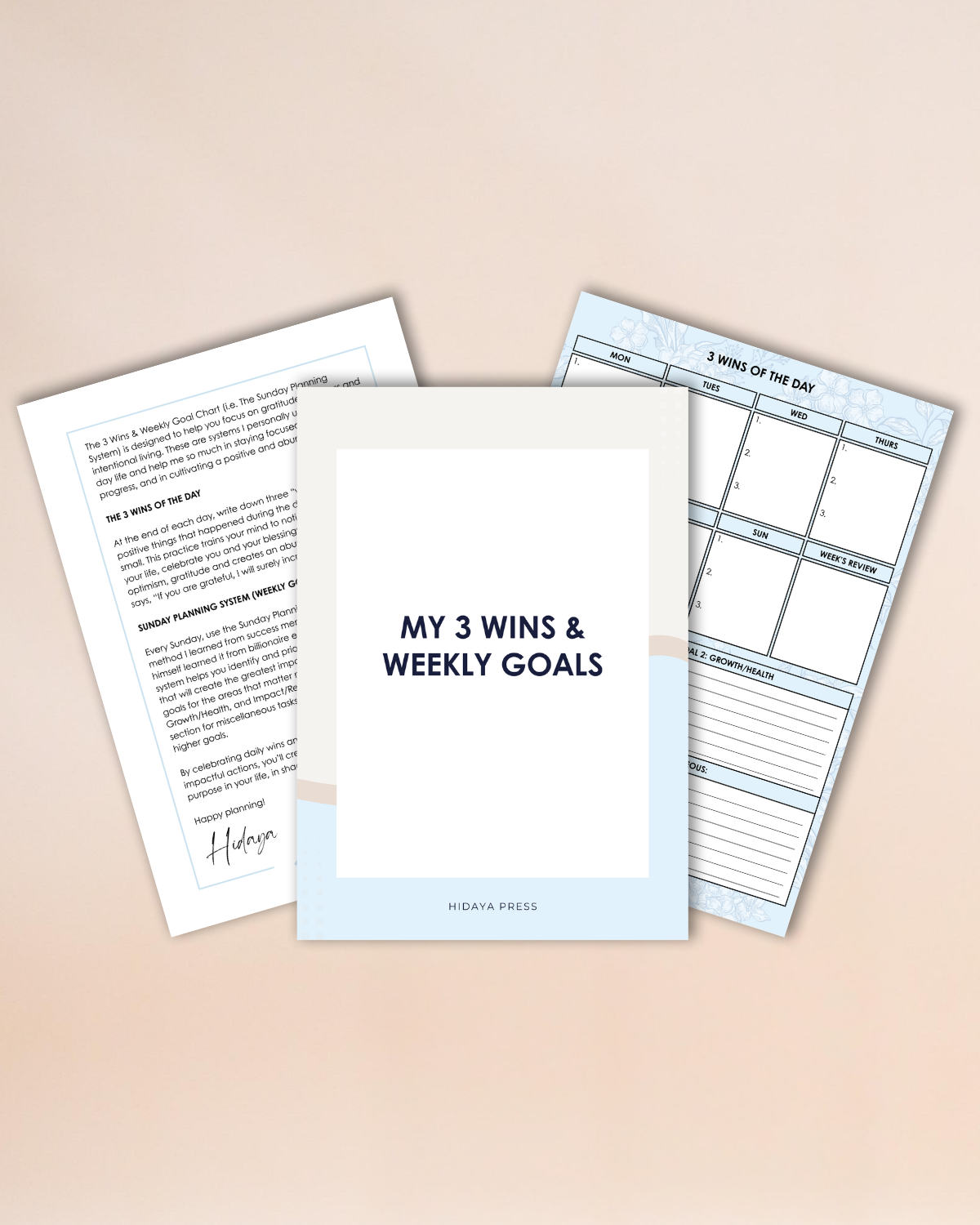 Three sheets of paper with different printables on a beige background