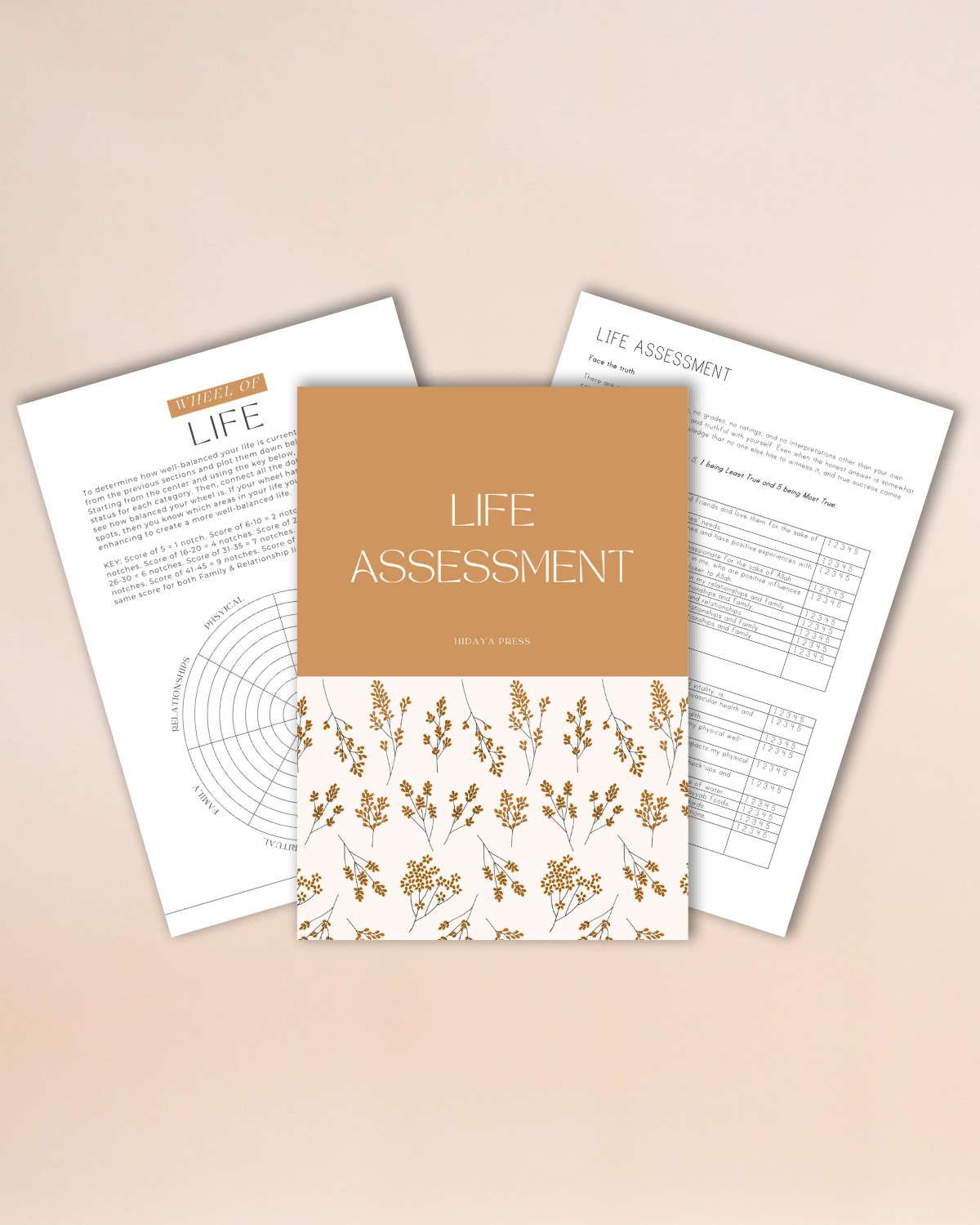 Life assessment printable with floral design on a beige background