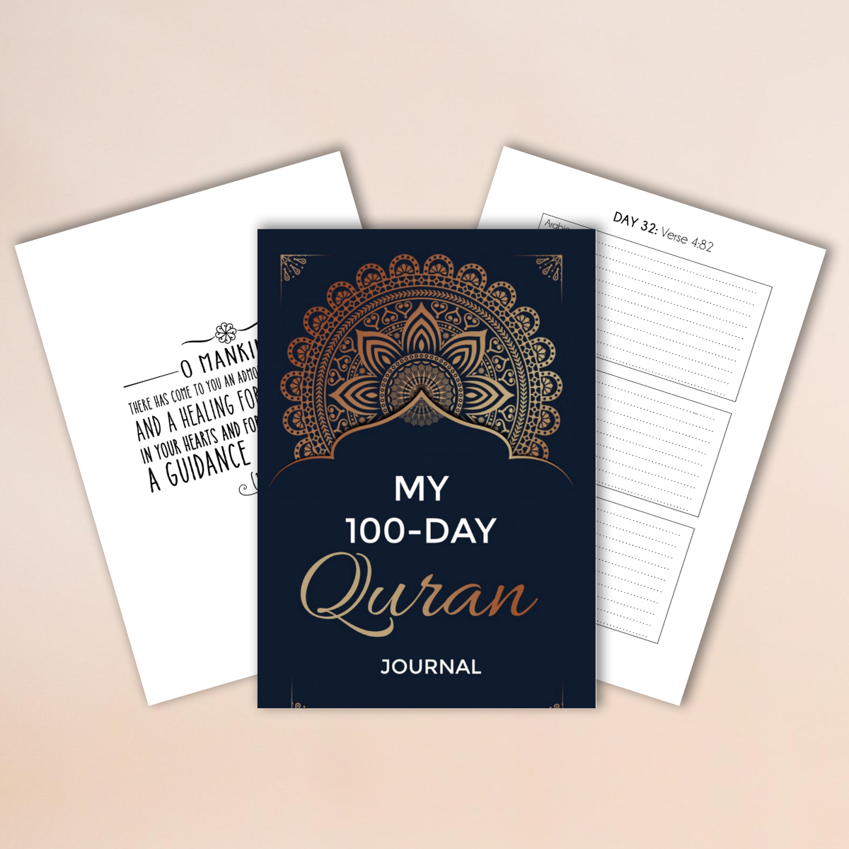 My 100-Day Quran Digital Journal with mandala design on a beige background