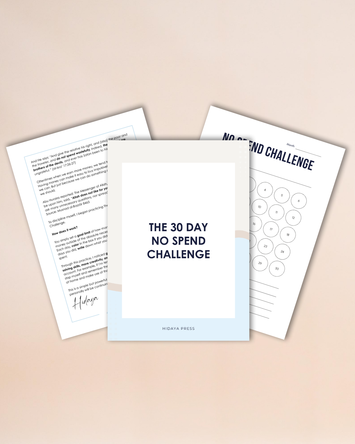 Three sheets of paper with 'The 30 Day No Spend Challenge' on a beige background