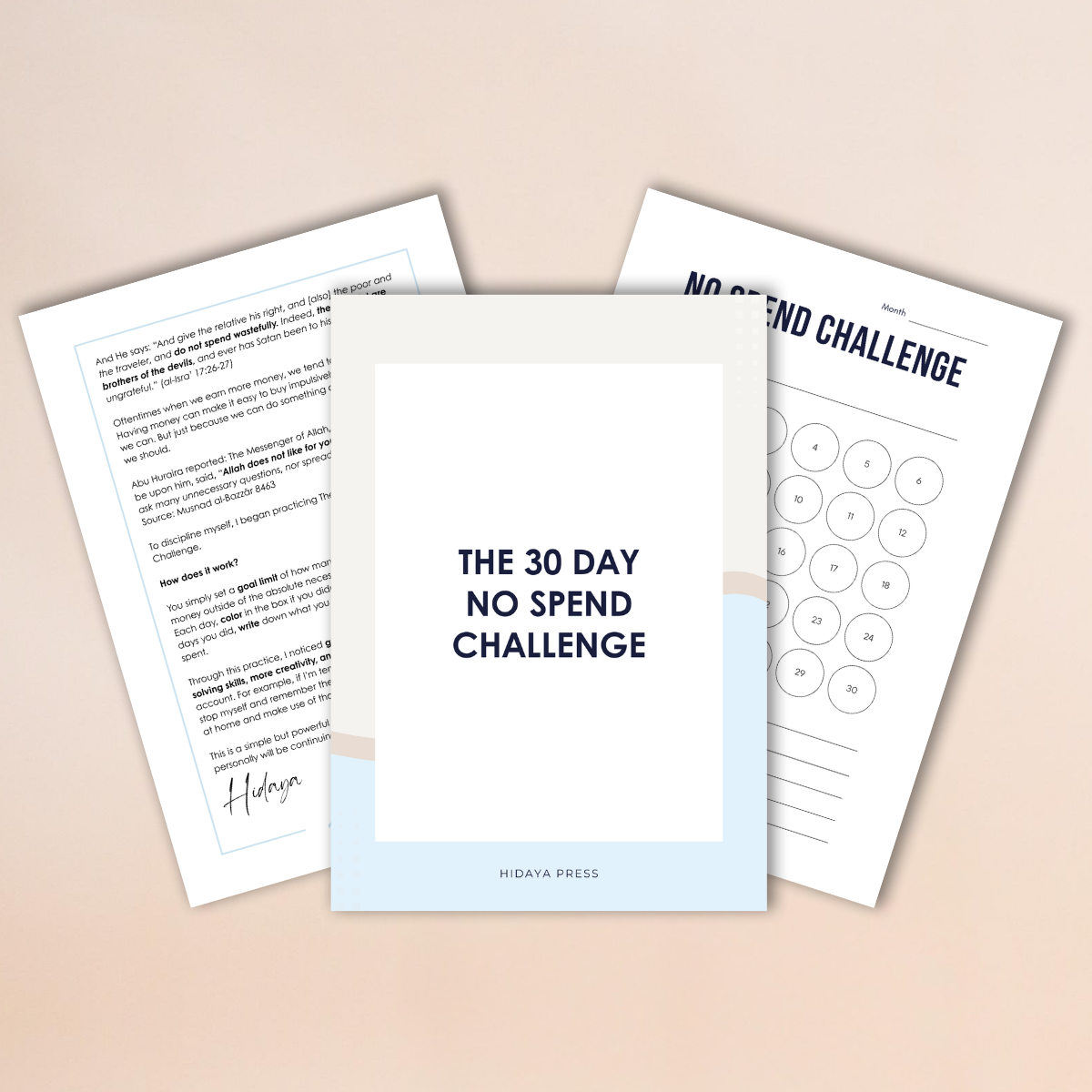 Three sheets of paper with 'The 30 Day No Spend Challenge' on a beige background