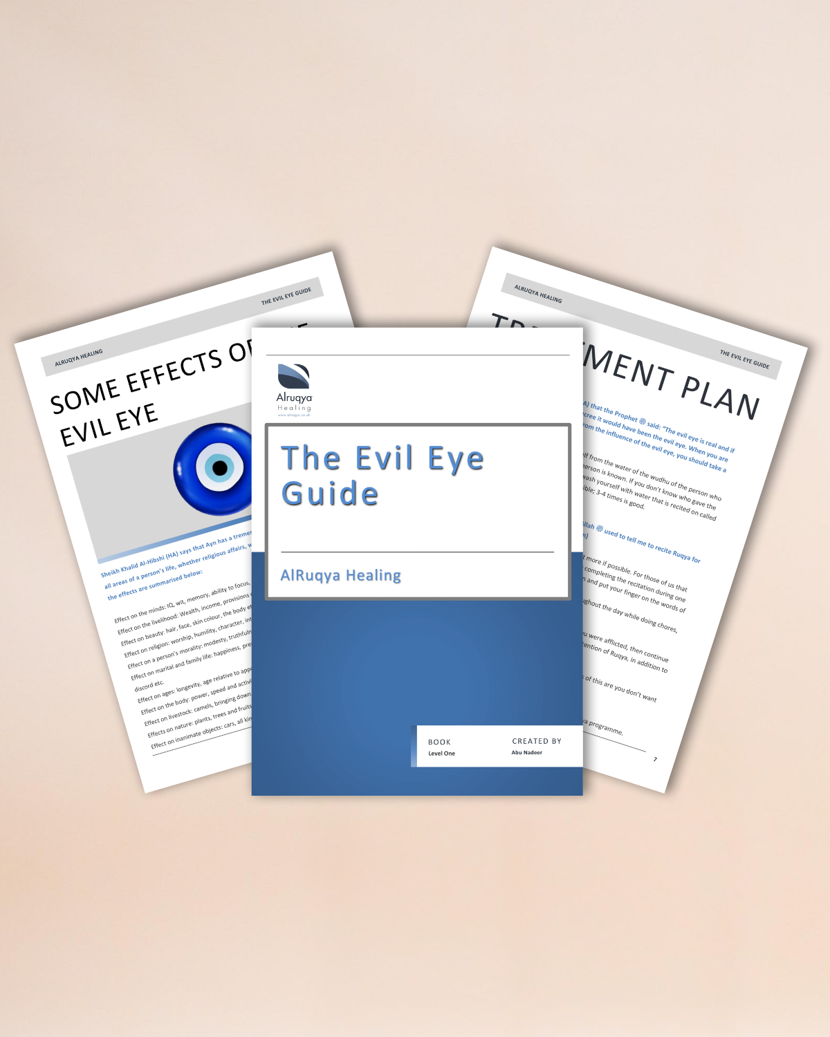 Three digital pages titled 'Some Effects of Evil Eye', 'The Evil Eye Guide', and 'Treatment Plan' on a beige background.
