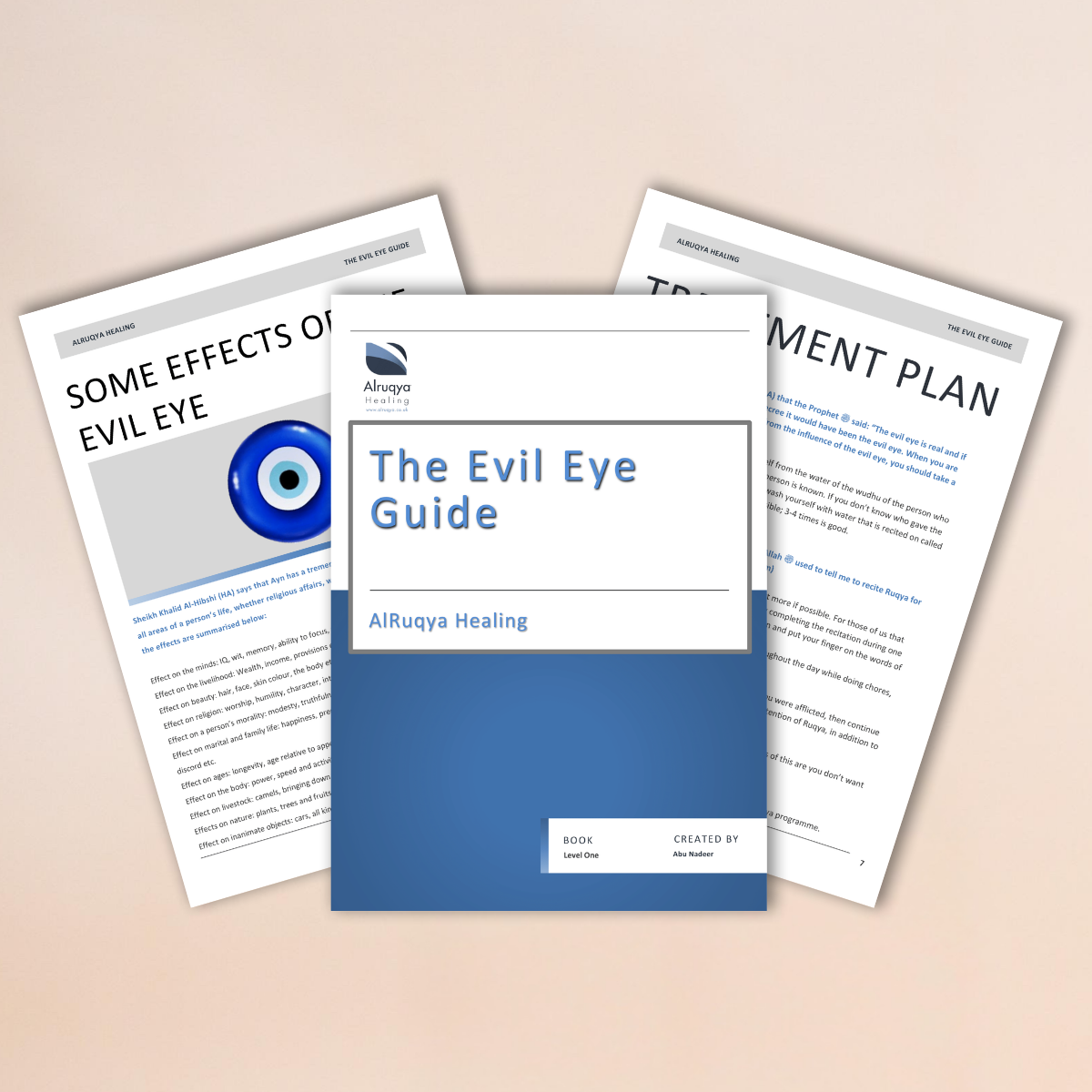 Three digital pages titled 'Some Effects of Evil Eye', 'The Evil Eye Guide', and 'Treatment Plan' on a beige background.