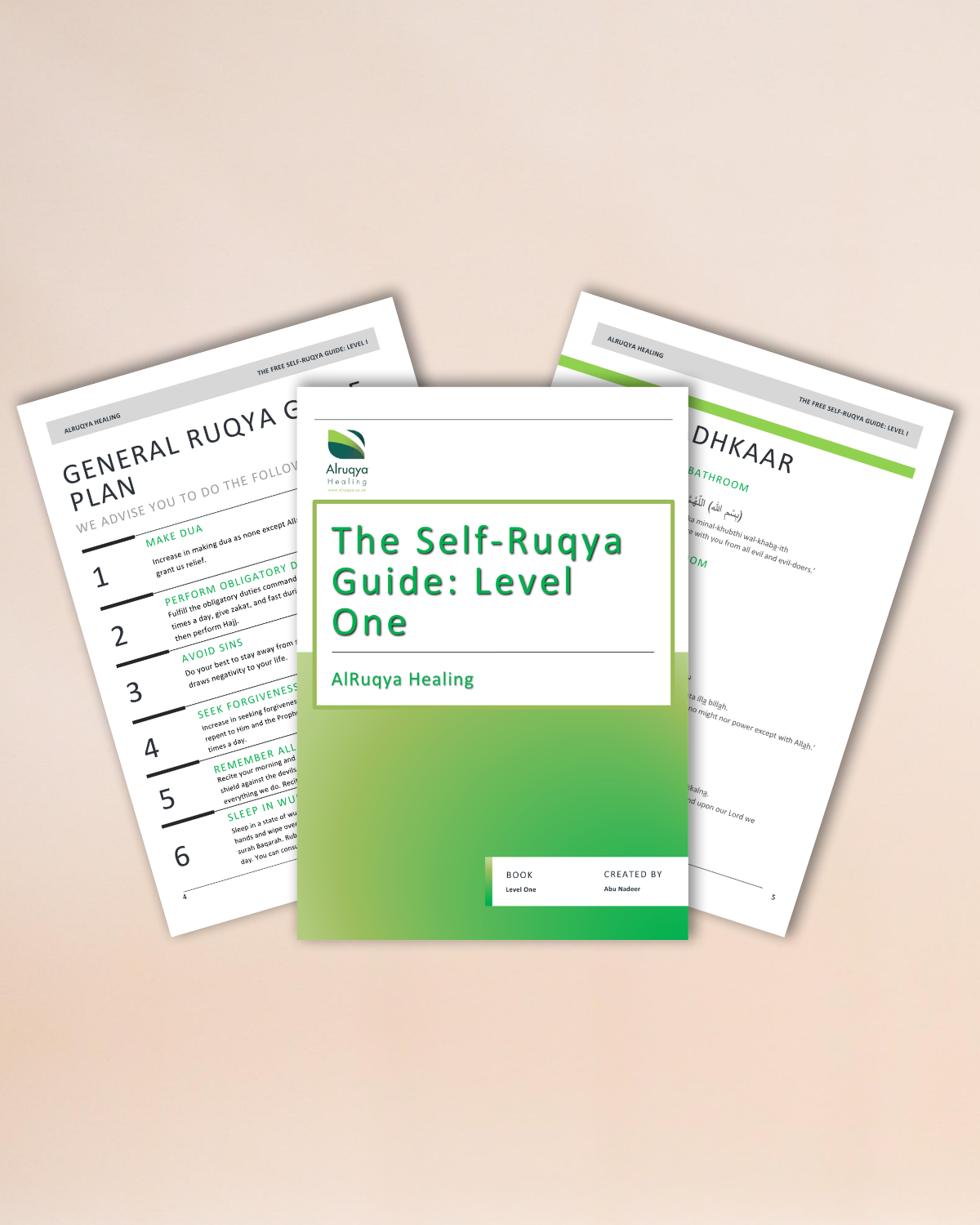 Three sheets of digital paper with text and a green and white guide titled 'The Self-Ruqya Guide: Level One' on a beige background.
