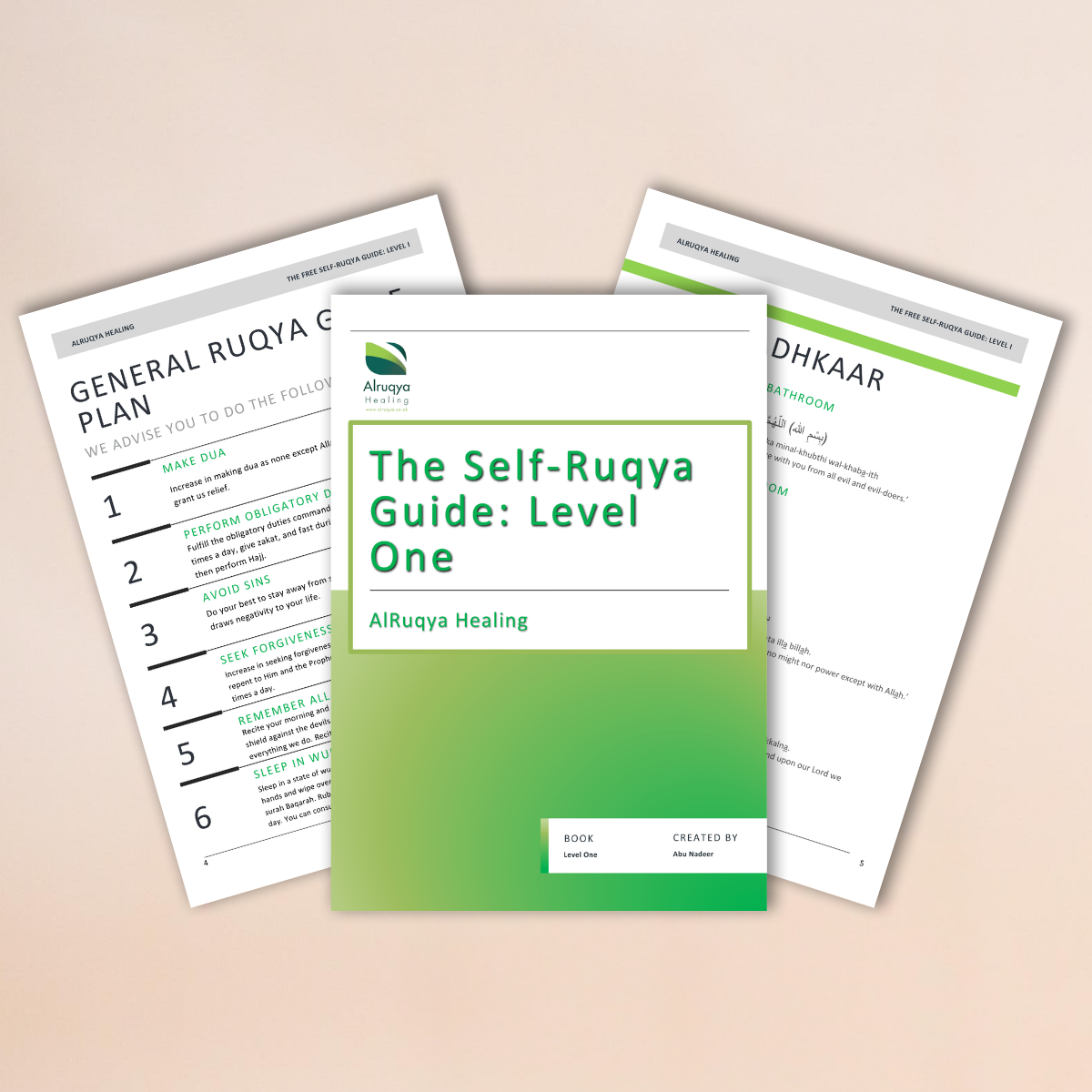 Three sheets of digital paper with text and a green and white guide titled 'The Self-Ruqya Guide: Level One' on a beige background.