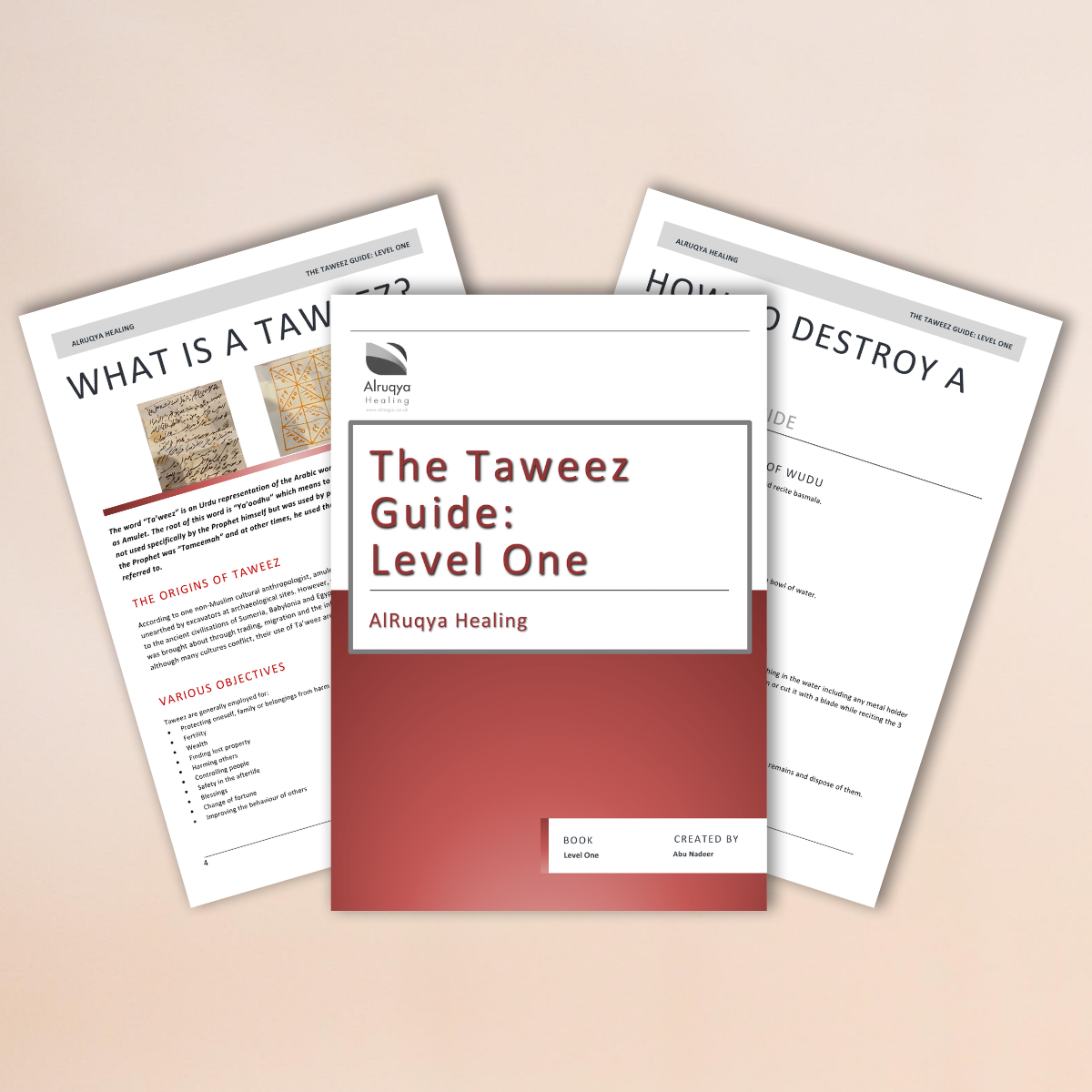 Three digital pages titled 'What is a Taweez', 'The Taweez Guide: Level One', and 'How to Destroy a Taweez' on a beige background.