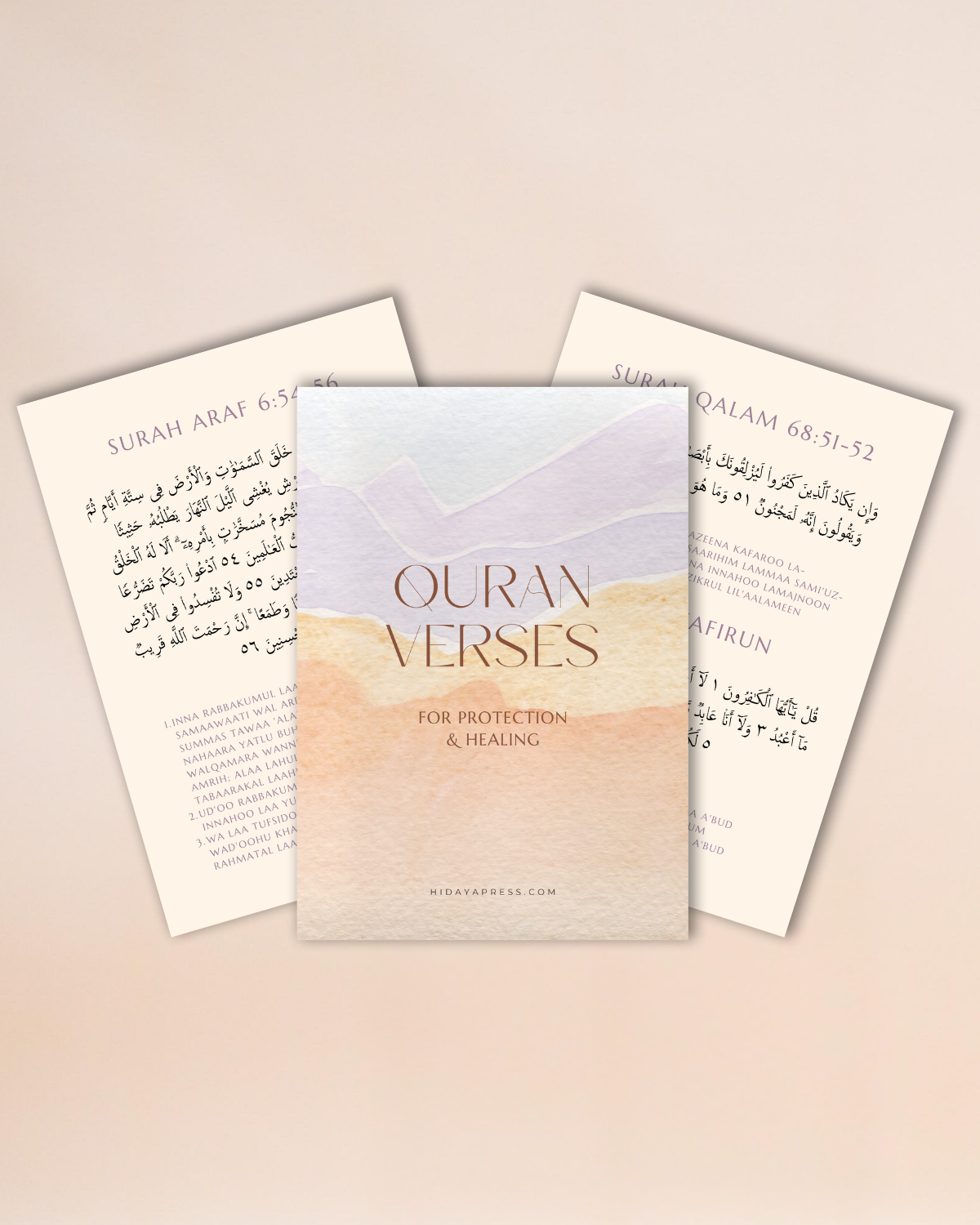 Digital guide titled 'Quran Verses for Protection & Healing' with text on a beige background