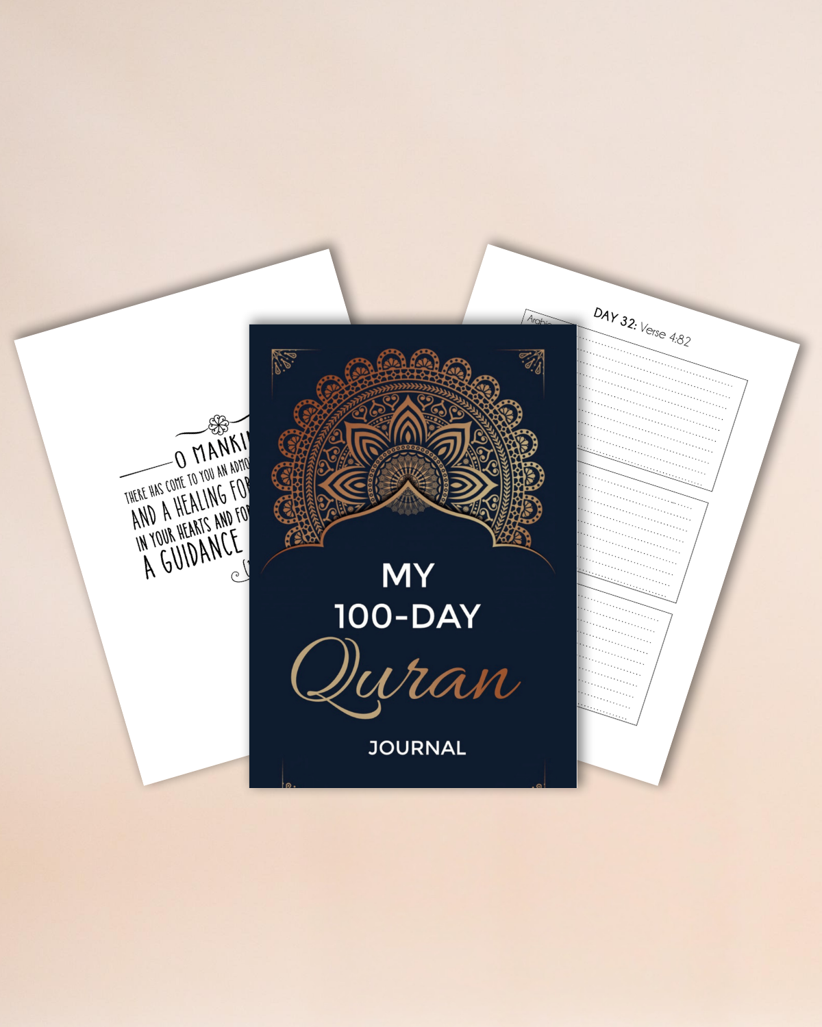 My 100-Day Quran Digital Journal with mandala design on a beige background