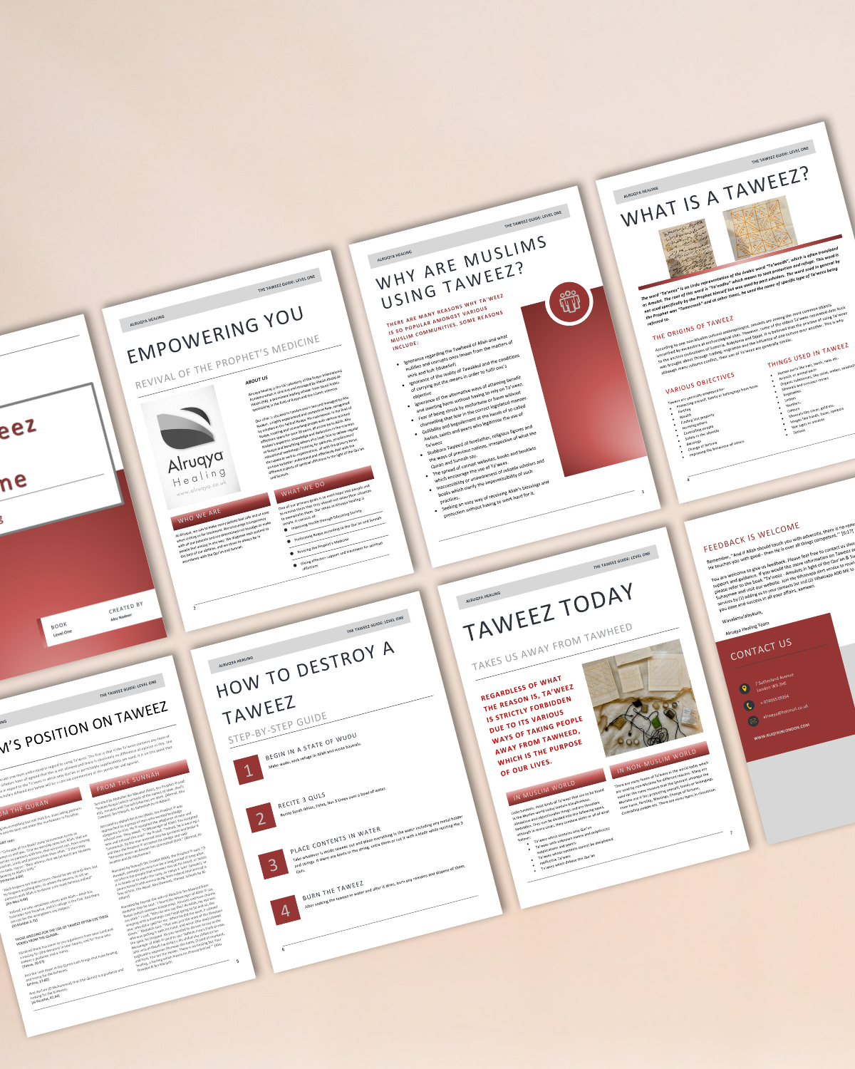 Set of printed pages with text and headings on a beige background