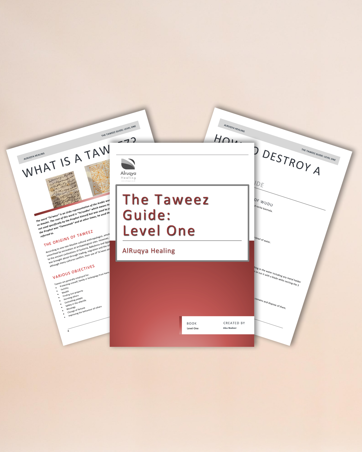 Three digital pages titled 'What is a Taweez', 'The Taweez Guide: Level One', and 'How to Destroy a Taweez' on a beige background.